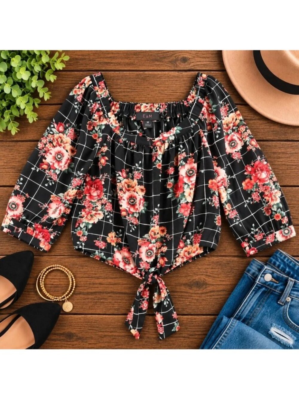 E&M Black Floral Windowpane Front-Tie Blouse Size M